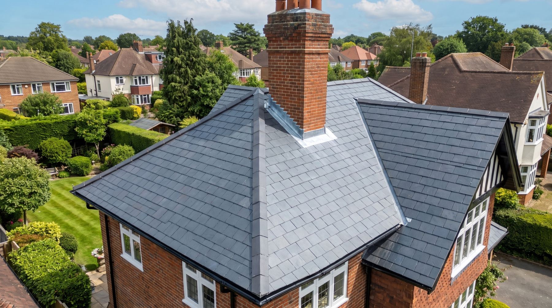 Aerial view of a freshly re-roofed period home with new grey slate in a Surrey suburb