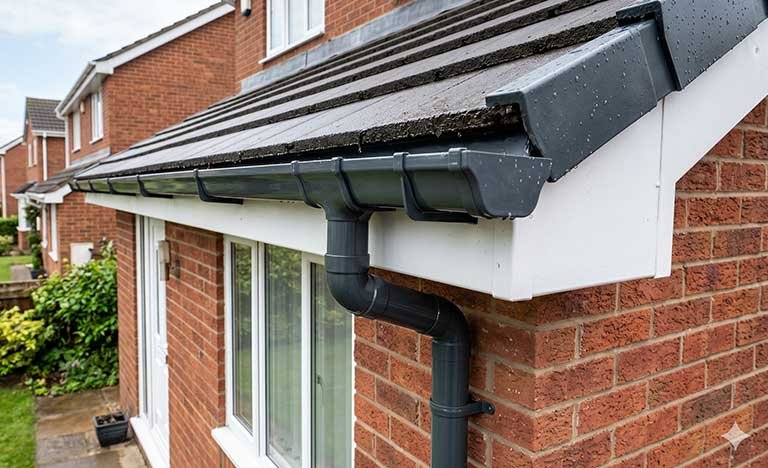 Grey uPVC guttering and downpipe on a brick UK home