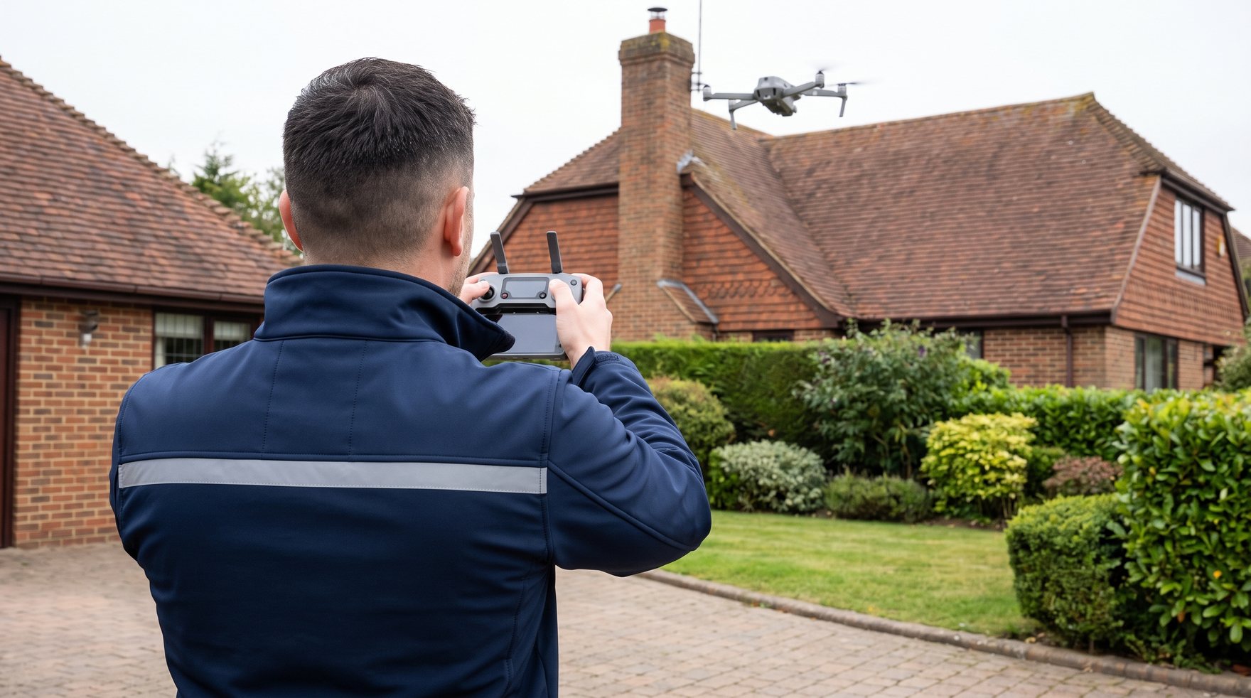 A Roofcraft surveyor flying a drone to survey the roof of a house